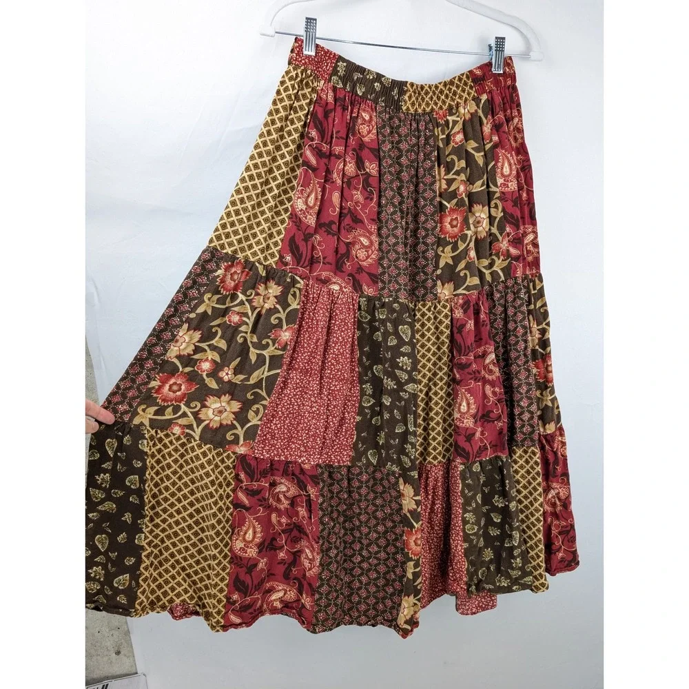 Vtg Y2K Patchwork Floral Tiered Maxi Skirt Sz L Cottagecore Prairie Hippie Boho